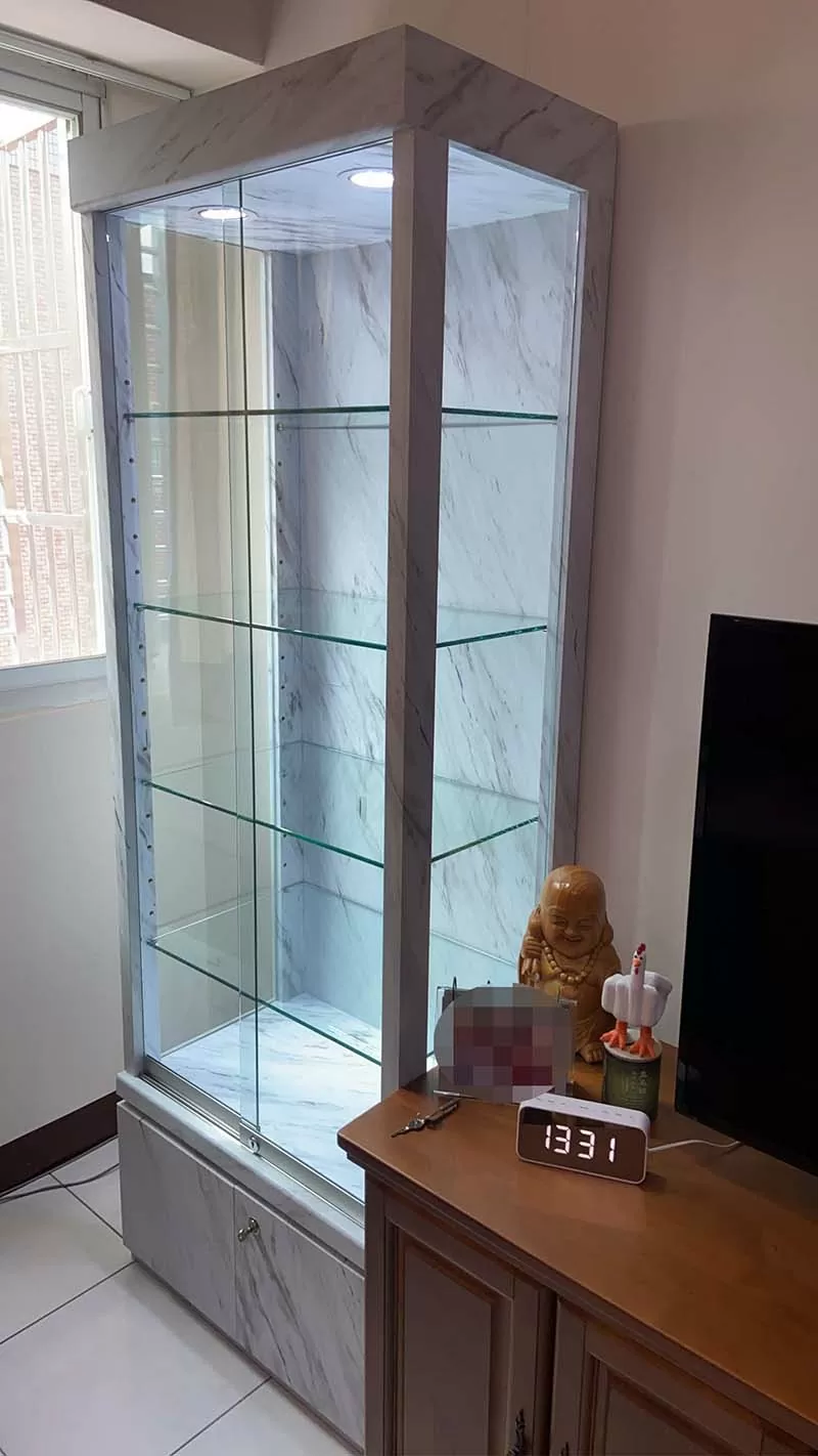 大理石紋玻璃展示櫃 (附LED燈/帶鎖)