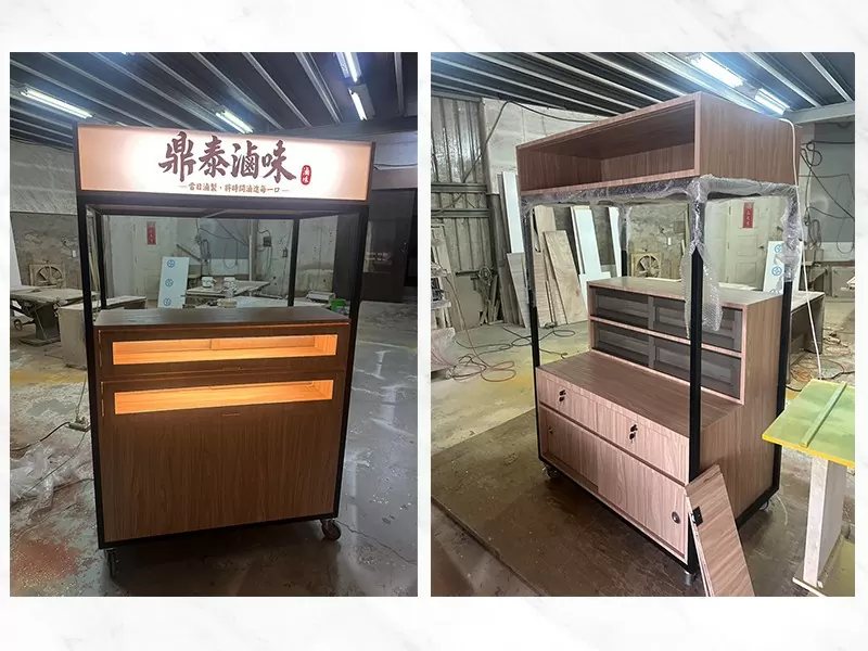 木紋商品攤車-餐飲展示櫃訂製